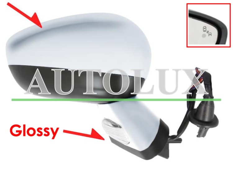 Espejo retrovisor citroen ds4 2015-2019 carcasa con pliege / negro glossy / electrico / base cromada / termico / luz cortesia / abatible electricamente / memoria / side assist / con sonda / carcasa cromada / derecho.  Referencia OE:1608535180