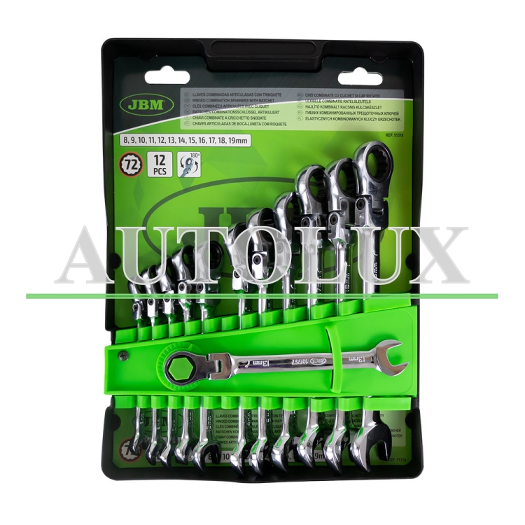 Kit llaves combinadas articuladas con trinquete 12 llaves. Referencia JBM: 51318.