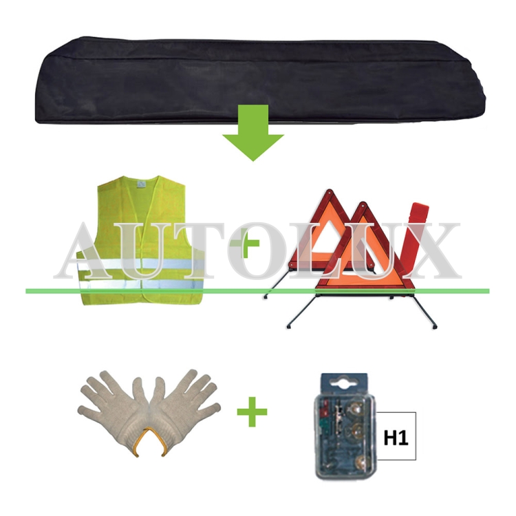 Kit emergencia bolsa negra + mk h1 + chaleco + triangulo + guantes. Referencia JBM: 52780.