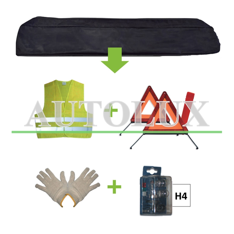 Kit emergencia bolsa negra + mk h4 + chaleco + triangulo + guantes. Referencia JBM: 52781.