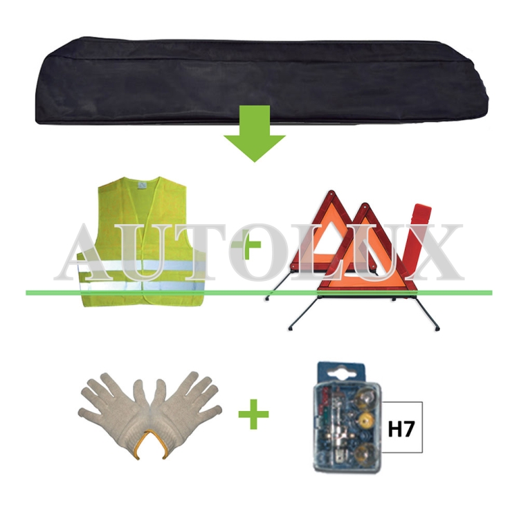 Kit emergencia bolsa negra + mk h7 + chaleco + triangulo + guantes. Referencia JBM: 52782.