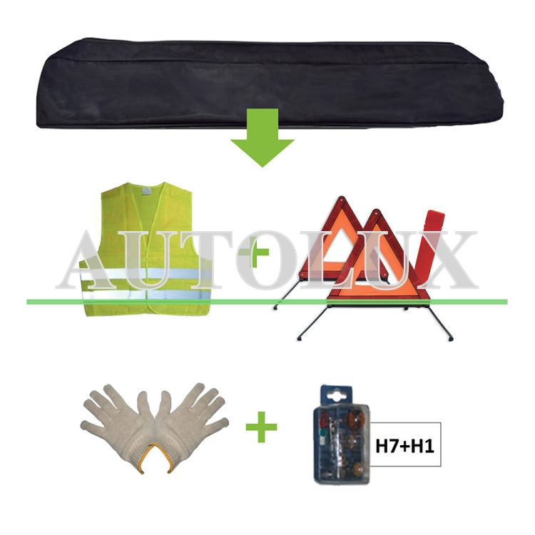 Kit emergencia bolsa negra + mk h7+h1 + chaleco + triangulo + guantes. Referencia JBM: 52783.