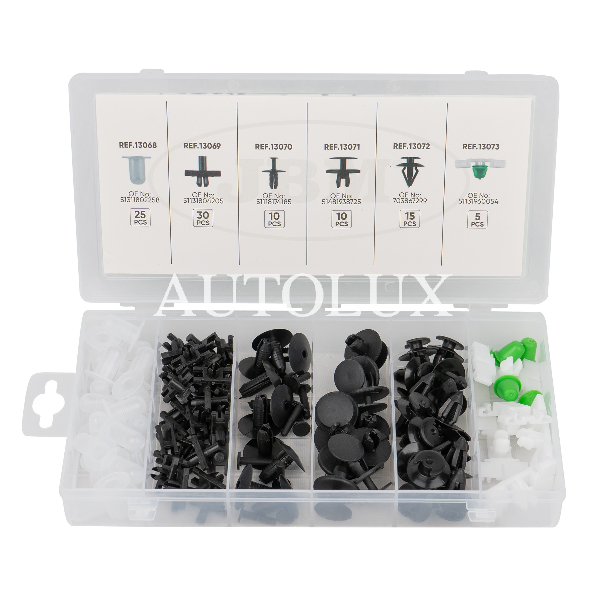 Estuche de clips plásticos bmw 95 clips Estuche de clips plásticos bmw 95 clips. Referencia JBM: 52892.