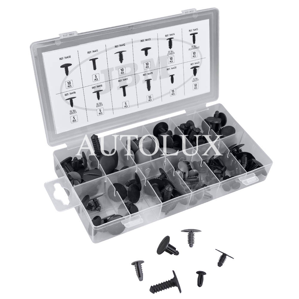 Estuche de clips plásticos citroen / peugeot para tapicería 110 clips Estuche de clips plásticos citroen / peugeot para tapicería 110 clips. Referencia JBM: 53715.