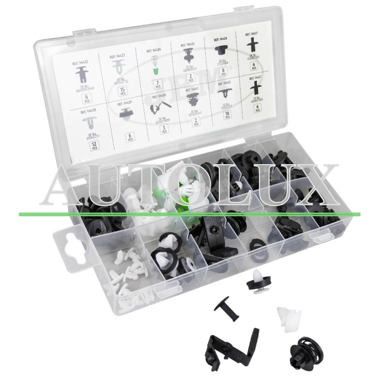 Estuche de clips plasticos volkswagen / seat / skoda para moldura / moldura de puerta /tapicería 79 clips. Referencia JBM: 53716.