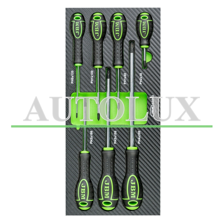Set de 7 destornilladores módulo eva carbono cruz. Referencia JBM: 53943.