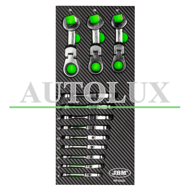 Kit llaves combinadas articuladas con trinquete mini 12 llaves. Referencia JBM: 54032.