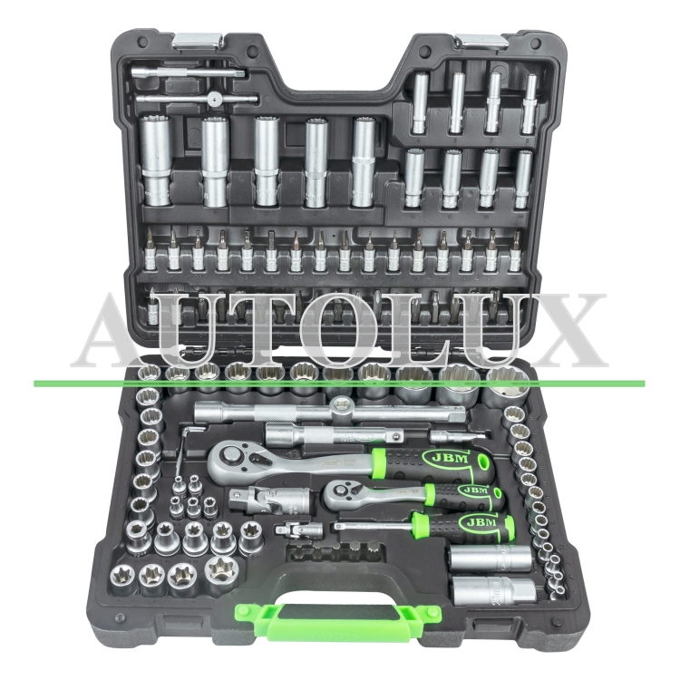 Estuche de herramientas con vasos 12 cantos 113 piezas - cincado. Referencia JBM: 54036.