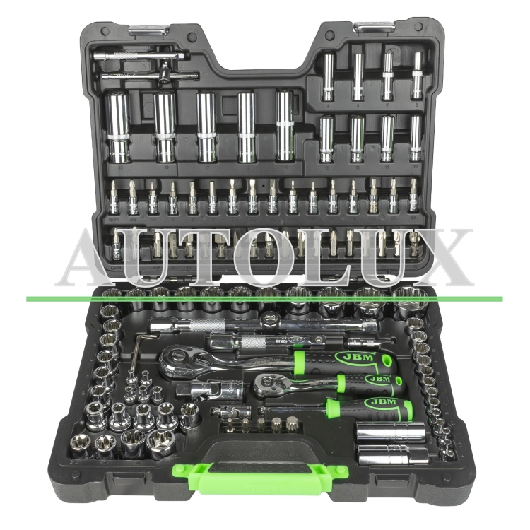 Estuche de herramientas con vasos 12 cantos 113 piezas - cromado. Referencia JBM: 54047.