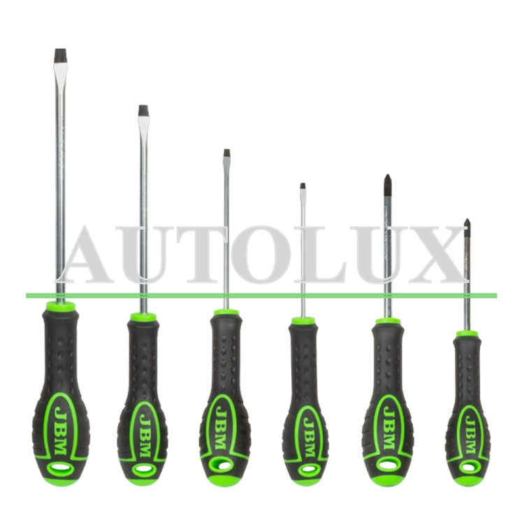Set de 6 destornilladores (2 estrella + 4 planos). Referencia JBM: 54070.