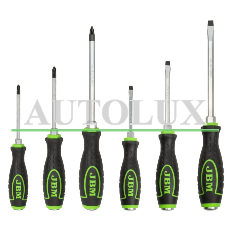 Set de 6 destornilladores go-through (3 estrella + 3 planos). Referencia JBM: 54071.
