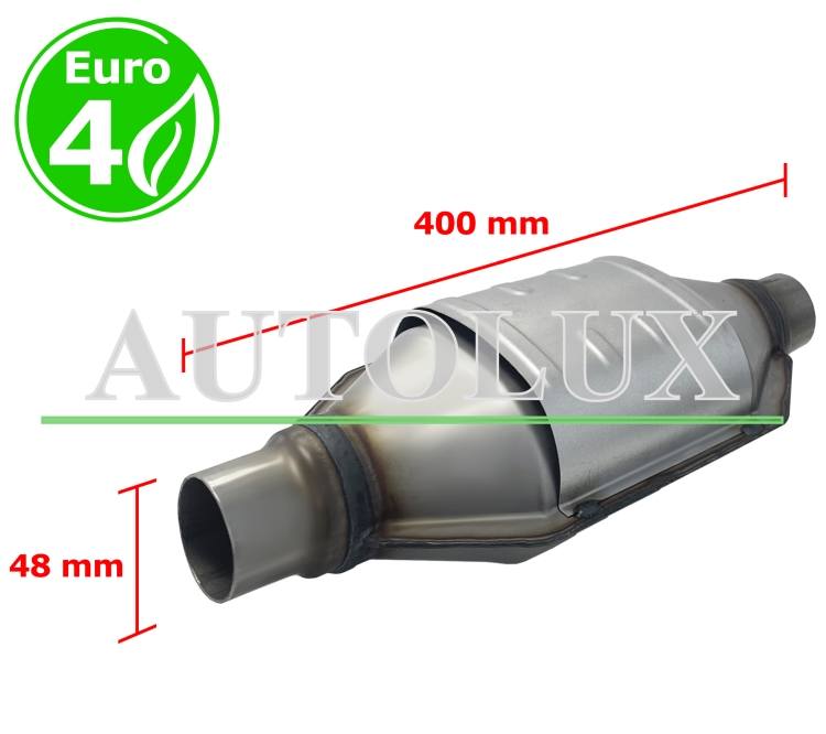 Catalizador universal rectangular euro 4 gasolina / diesel sin sonda boca 48mm diametro x 400mm longitud