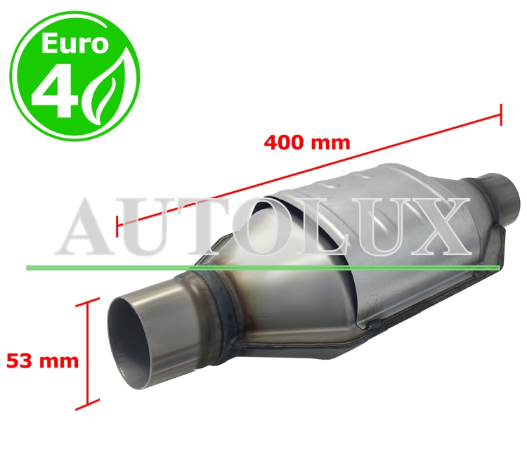 Catalizador universal rectangular euro 4 gasolina / diesel sin sonda boca 53mm diametro x 400mm longitud
