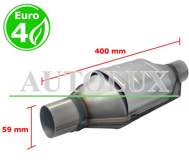 Catalizador universal rectangular euro 4 gasolina / diesel sin sonda boca 59mm diametro x 400mm longitud