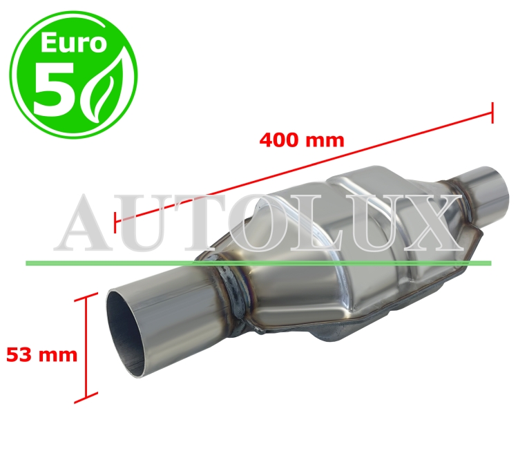 Catalizador universal rectangular euro 5 gasolina / diesel sin sonda boca 53mm diametro x 400mm longitud